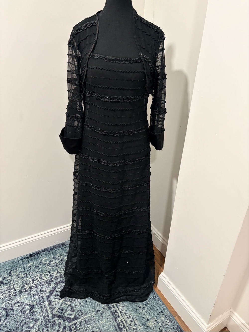 JS Collections Black Evening Gown with Beaded Overlay and Sheer Jacket